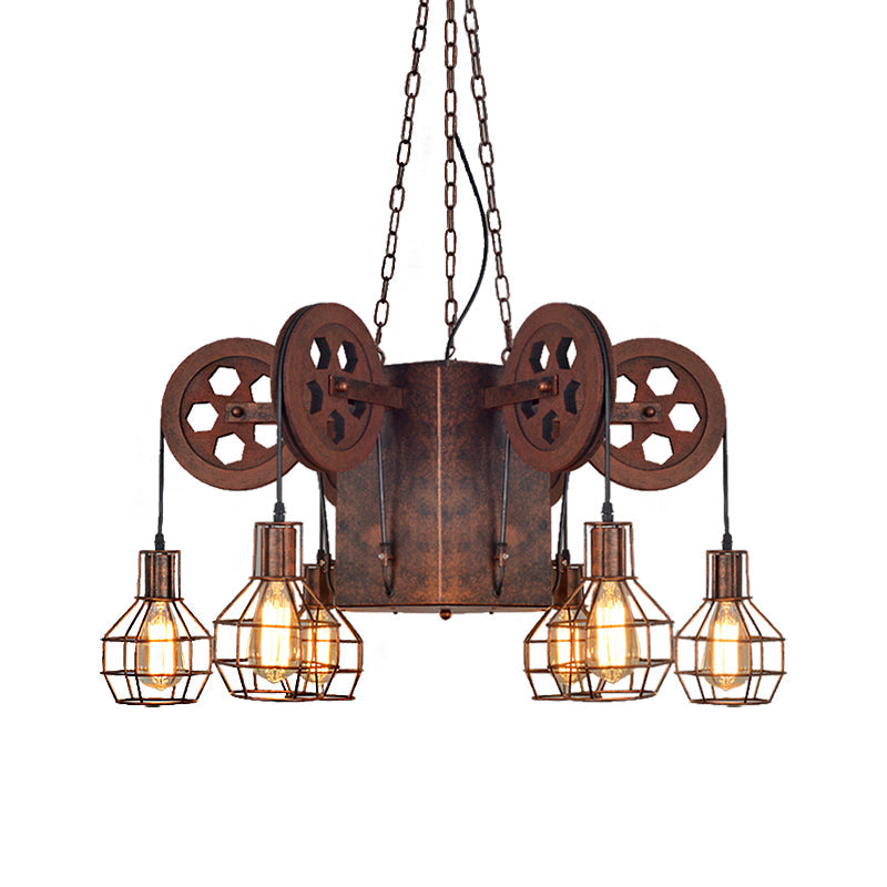 Lampe à suspension industrielle en métal rouillé avec globe en cage - Luminaire et équipement de lustre à 4/6 lumières