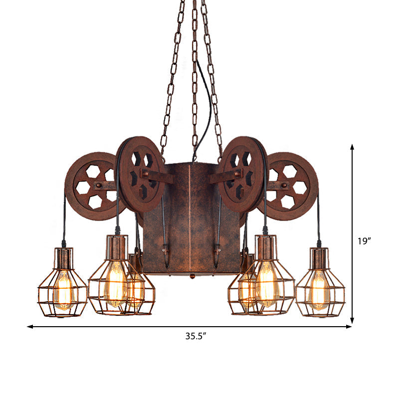 Lampe à suspension industrielle en métal rouillé avec globe en cage - Luminaire et équipement de lustre à 4/6 lumières