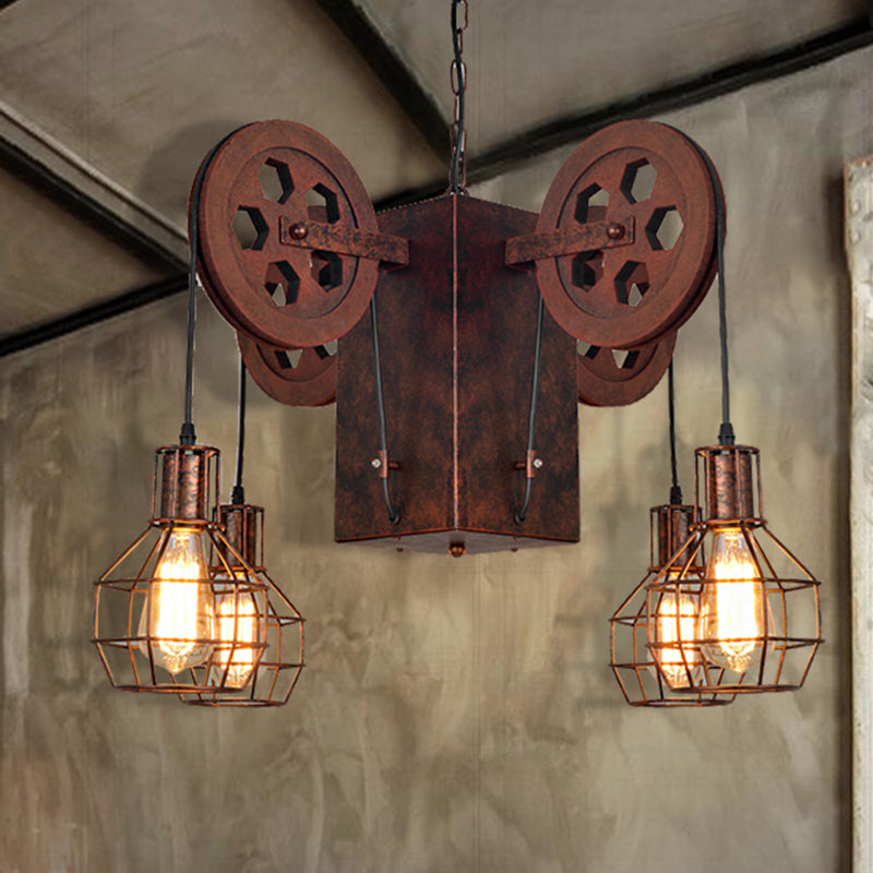 Lampe à suspension industrielle en métal rouillé avec globe en cage - Luminaire et équipement de lustre à 4/6 lumières