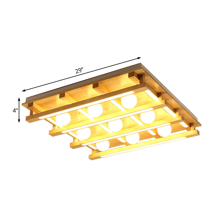 Modern Square Wood Flush Mount Lamp with LED Lights - Brown Flush Mount Ceiling Light Fixture with White Glass Ball Shade in White/Warm Light