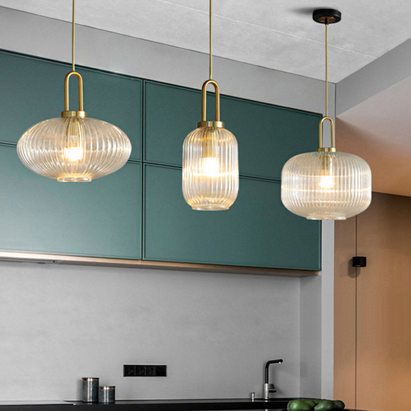 Modernist Gold Glass Pendant Light - Clear Ribbed Cylindrical/Drum/Globe Design - 1 Light - 6"/8"/12" Wide - Kitchen Hanging Lamp Fixture