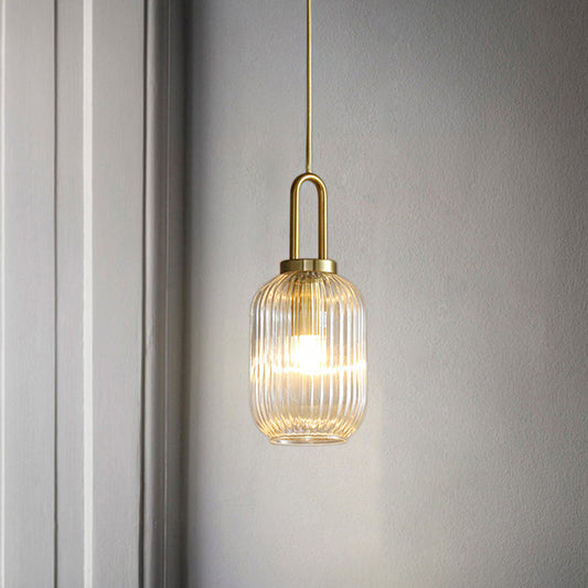 Modernist Gold Glass Pendant Light - Clear Ribbed Cylindrical/Drum/Globe Design - 1 Light - 6"/8"/12" Wide - Kitchen Hanging Lamp Fixture