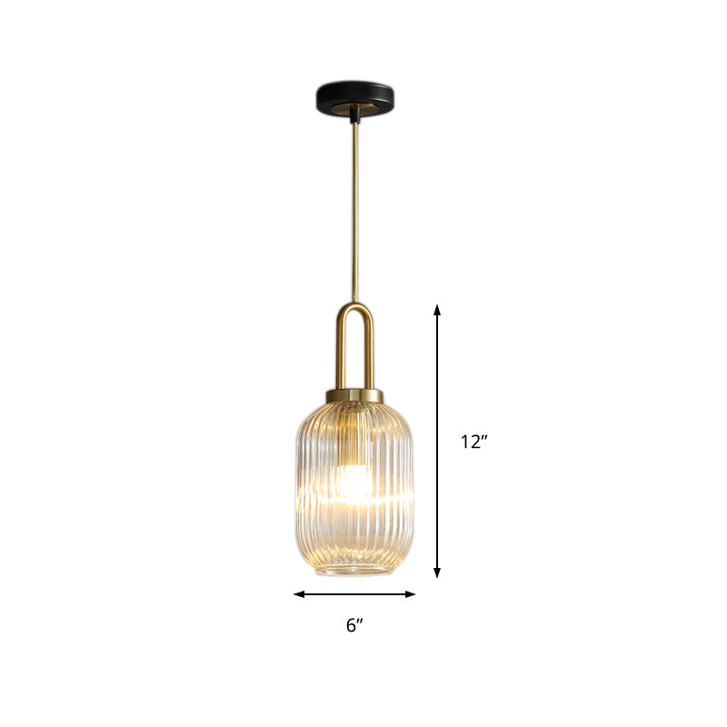Modernist Gold Glass Pendant Light - Clear Ribbed Cylindrical/Drum/Globe Design - 1 Light - 6"/8"/12" Wide - Kitchen Hanging Lamp Fixture