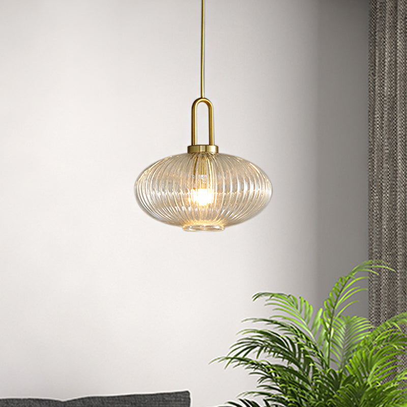 Modernist Gold Glass Pendant Light - Clear Ribbed Cylindrical/Drum/Globe Design - 1 Light - 6"/8"/12" Wide - Kitchen Hanging Lamp Fixture