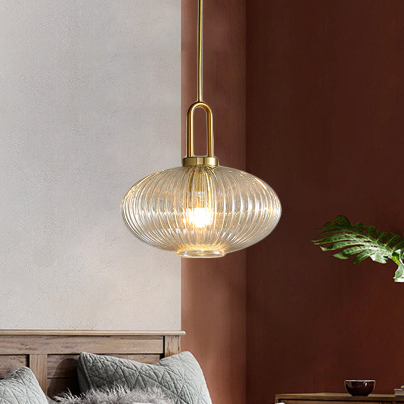 Modernist Gold Glass Pendant Light - Clear Ribbed Cylindrical/Drum/Globe Design - 1 Light - 6"/8"/12" Wide - Kitchen Hanging Lamp Fixture