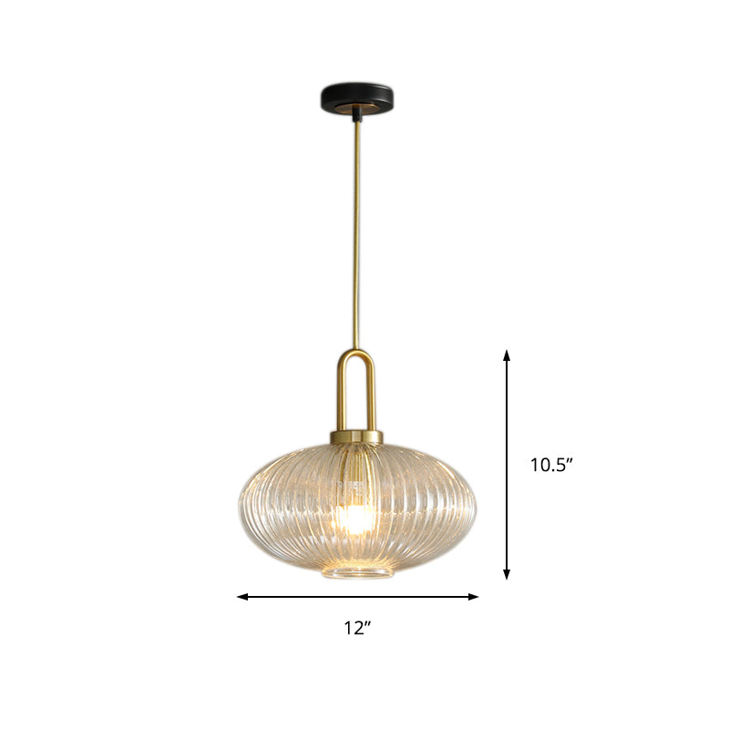 Modernist Gold Glass Pendant Light - Clear Ribbed Cylindrical/Drum/Globe Design - 1 Light - 6"/8"/12" Wide - Kitchen Hanging Lamp Fixture
