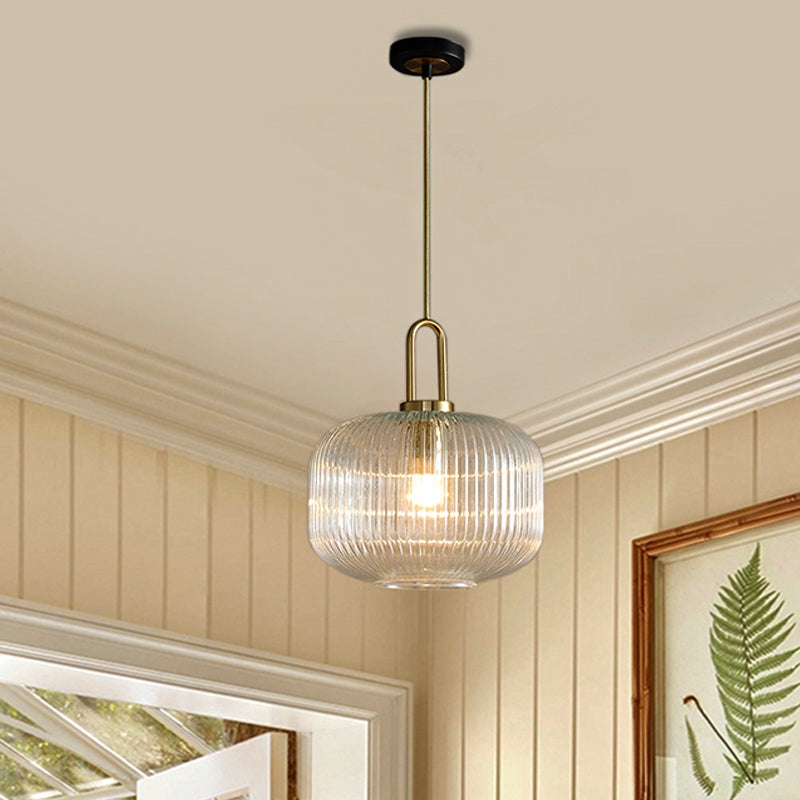 Modernist Gold Glass Pendant Light - Clear Ribbed Cylindrical/Drum/Globe Design - 1 Light - 6"/8"/12" Wide - Kitchen Hanging Lamp Fixture