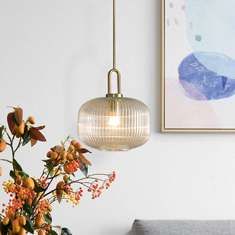 Modernist Gold Glass Pendant Light - Clear Ribbed Cylindrical/Drum/Globe Design - 1 Light - 6"/8"/12" Wide - Kitchen Hanging Lamp Fixture