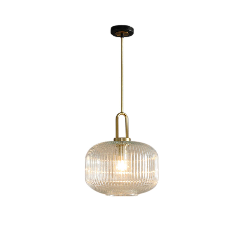 Modernist Gold Glass Pendant Light - Clear Ribbed Cylindrical/Drum/Globe Design - 1 Light - 6"/8"/12" Wide - Kitchen Hanging Lamp Fixture