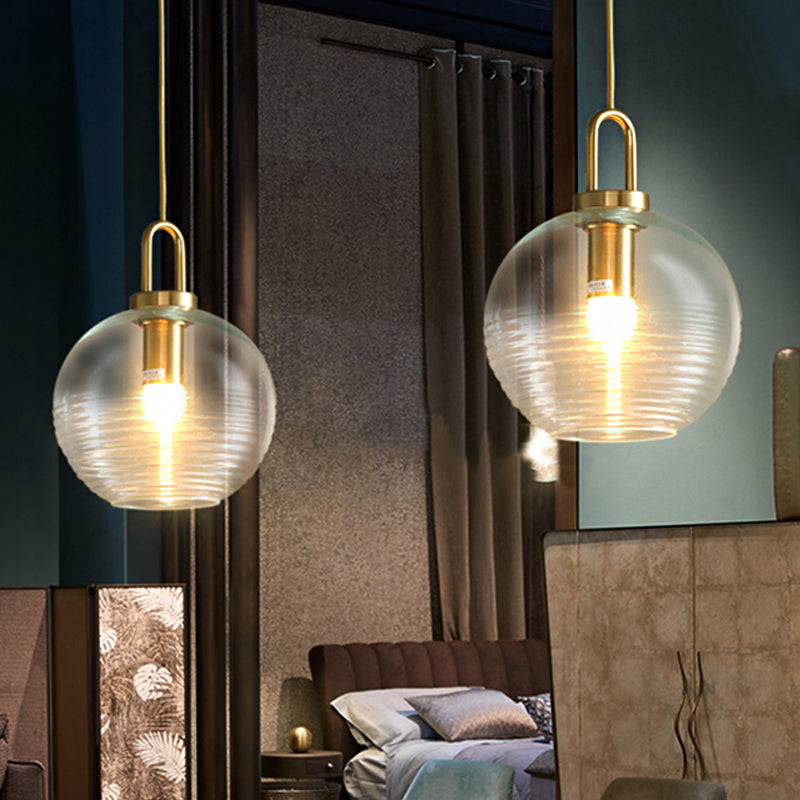 Modernist Gold Glass Pendant Light - Clear Ribbed Cylindrical/Drum/Globe Design - 1 Light - 6"/8"/12" Wide - Kitchen Hanging Lamp Fixture