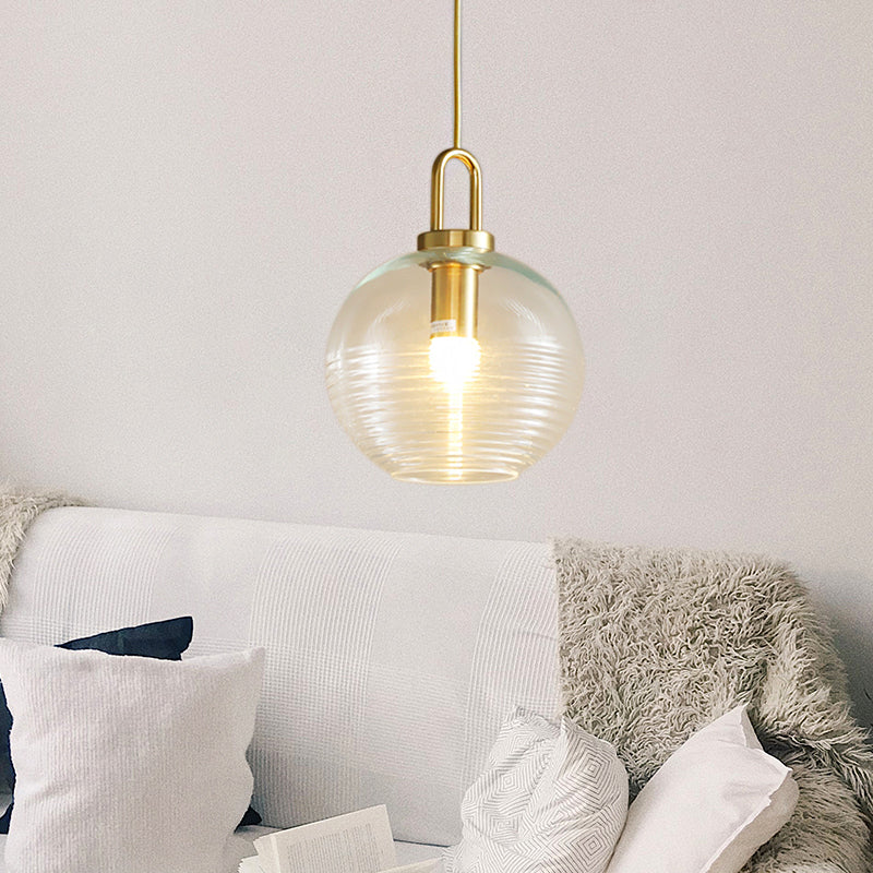 Modernist Gold Glass Pendant Light - Clear Ribbed Cylindrical/Drum/Globe Design - 1 Light - 6"/8"/12" Wide - Kitchen Hanging Lamp Fixture
