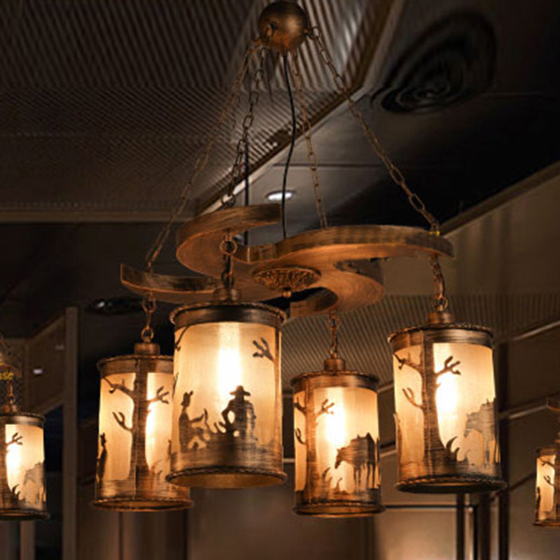 Lustre cylindrique vintage en bronze à 4 lumières : lampe suspendue de salle à manger en métal avec étagère en bois et abat-jour en tissu