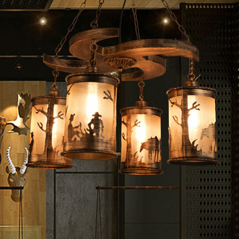 Lustre cylindrique vintage en bronze à 4 lumières : lampe suspendue de salle à manger en métal avec étagère en bois et abat-jour en tissu