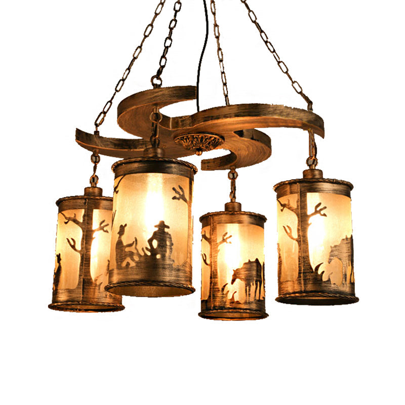 Lustre cylindrique vintage en bronze à 4 lumières : lampe suspendue de salle à manger en métal avec étagère en bois et abat-jour en tissu