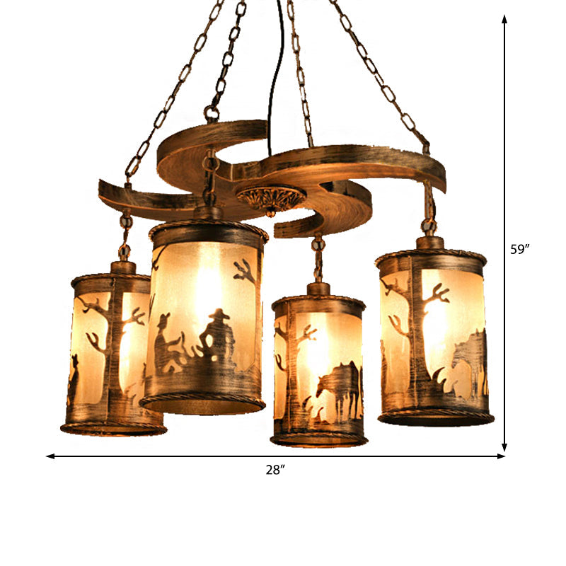 Lustre cylindrique vintage en bronze à 4 lumières : lampe suspendue de salle à manger en métal avec étagère en bois et abat-jour en tissu