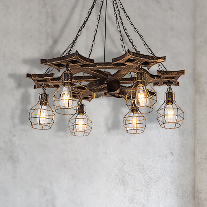 Lustre globe en métal bronze vintage - 6 ampoules, plafonnier suspendu avec cage