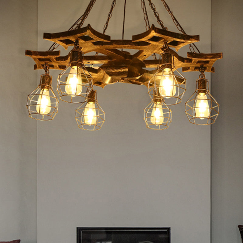 Lustre globe en métal bronze vintage - 6 ampoules, plafonnier suspendu avec cage