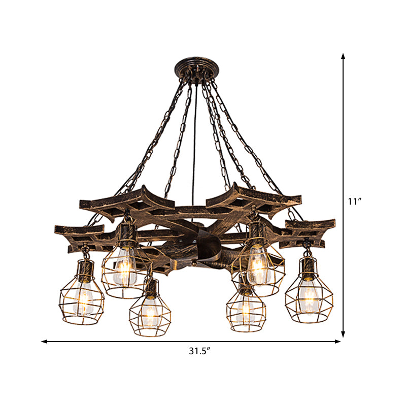 Lustre globe en métal bronze vintage - 6 ampoules, plafonnier suspendu avec cage