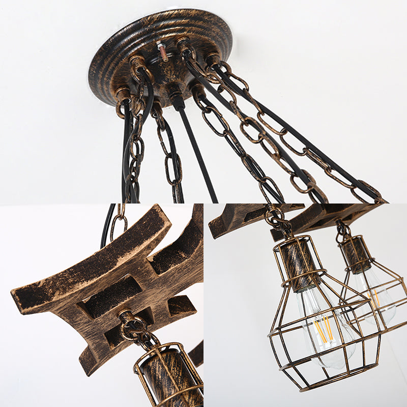 Lustre globe en métal bronze vintage - 6 ampoules, plafonnier suspendu avec cage