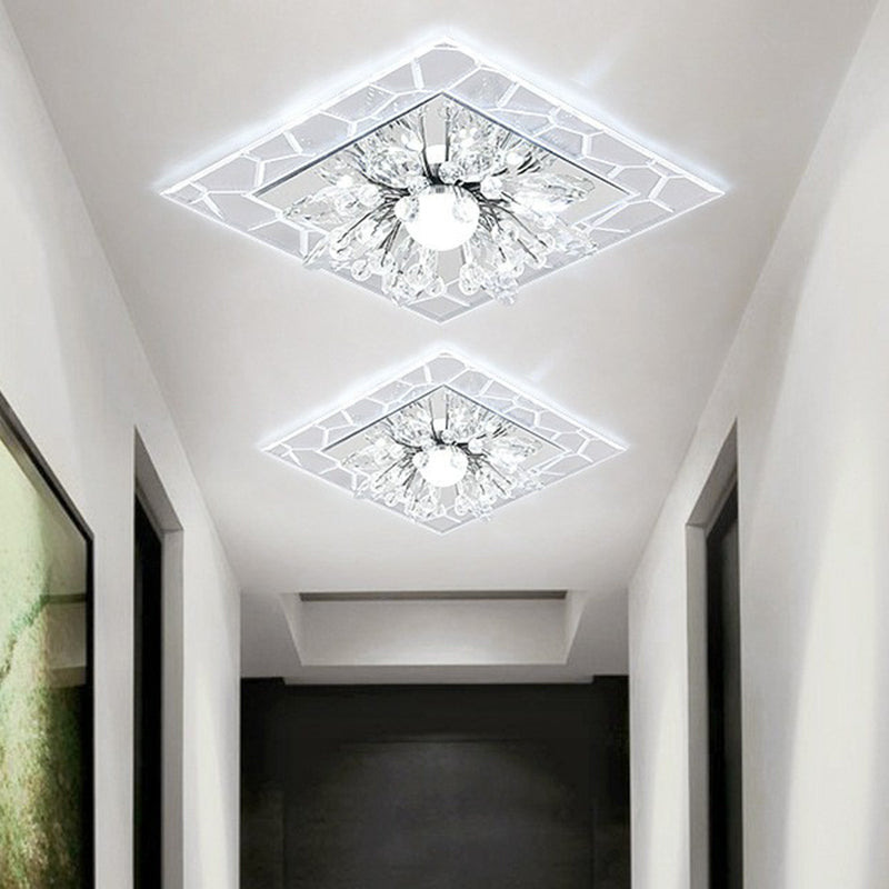 Modern Square Flush LED Ceiling Light Fixture with Clear Crystal - Ideal for Hallways