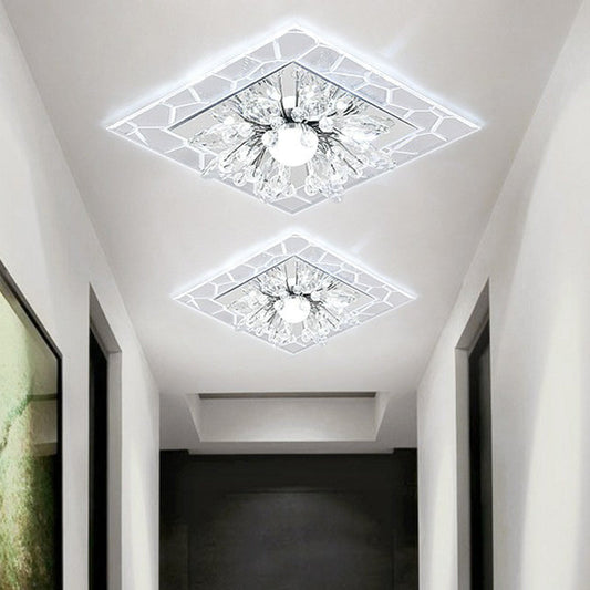 Modern Square Flush LED Ceiling Light Fixture with Clear Crystal - Ideal for Hallways