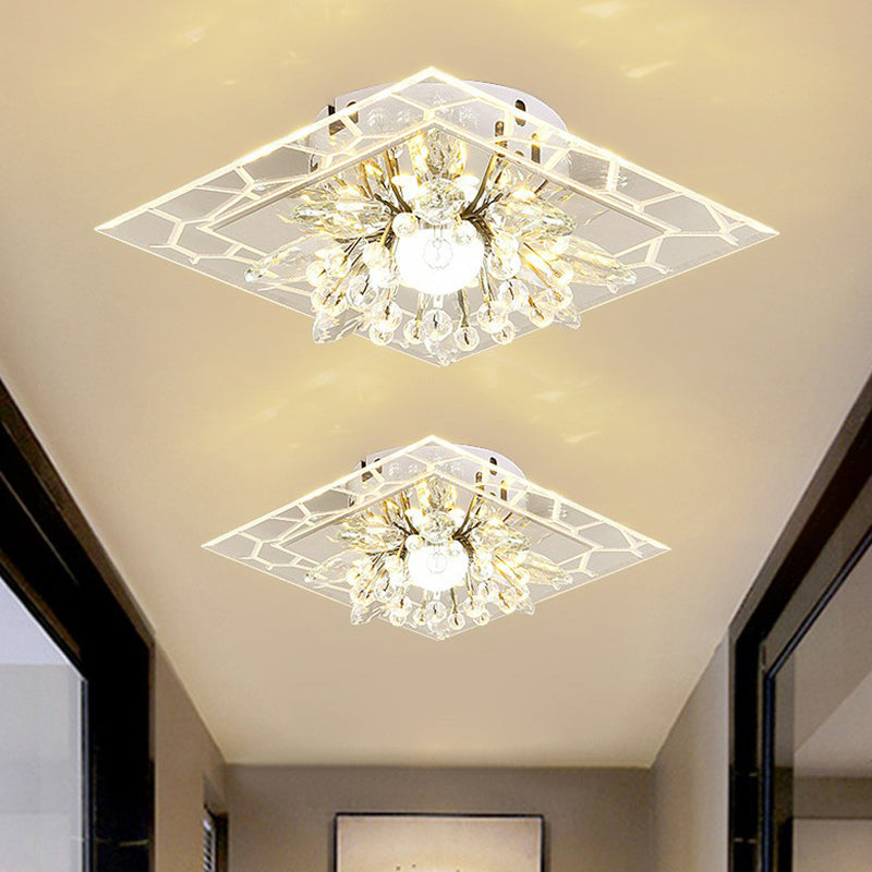 Modern Square Flush LED Ceiling Light Fixture with Clear Crystal - Ideal for Hallways
