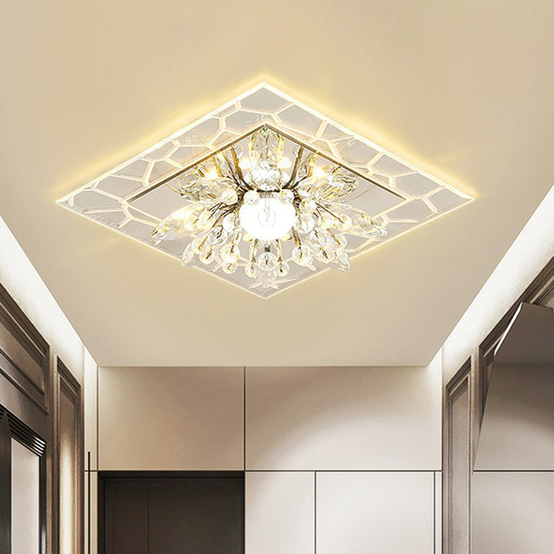 Modern Square Flush LED Ceiling Light Fixture with Clear Crystal - Ideal for Hallways