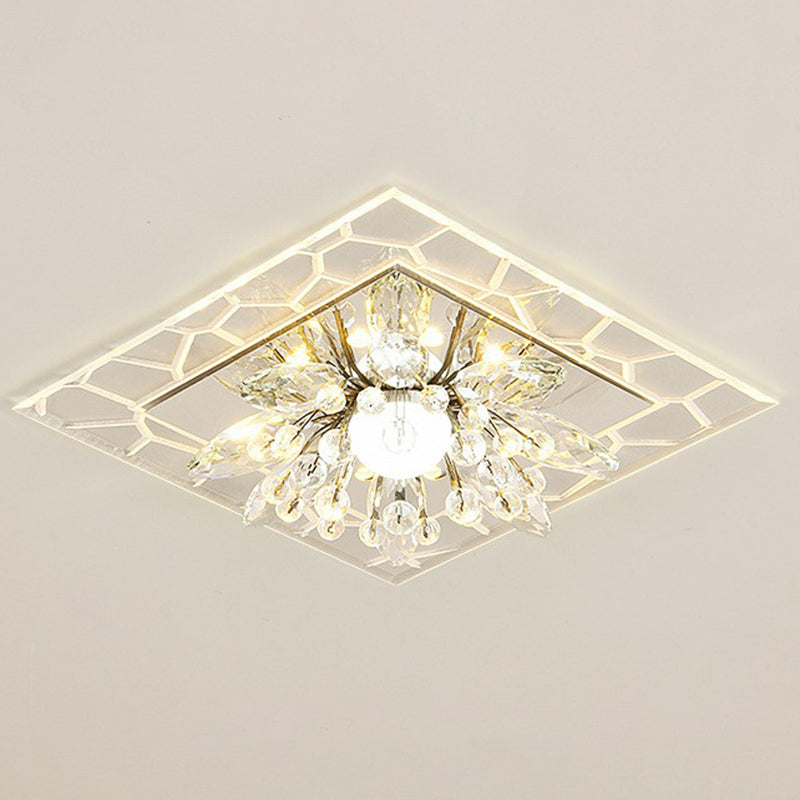 Modern Square Flush LED Ceiling Light Fixture with Clear Crystal - Ideal for Hallways