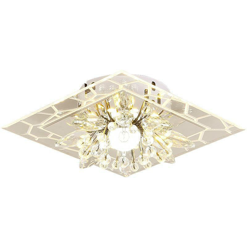Modern Square Flush LED Ceiling Light Fixture with Clear Crystal - Ideal for Hallways