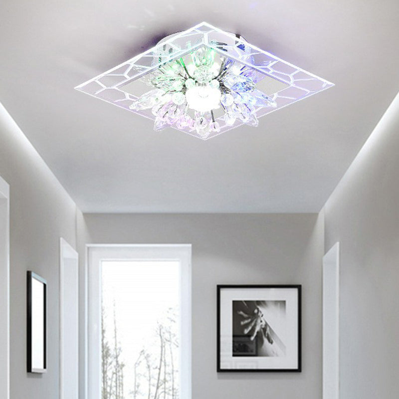 Modern Square Flush LED Ceiling Light Fixture with Clear Crystal - Ideal for Hallways