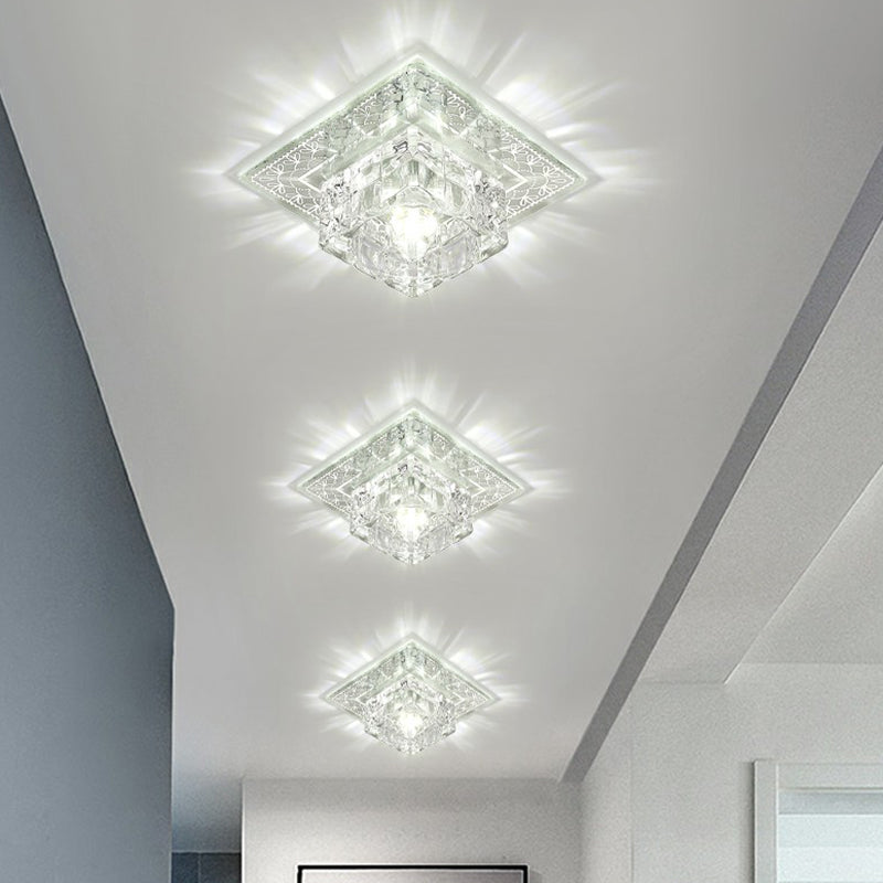 Crystal LED Hallway Flush Mount Light - Minimalist Square Design in Clear