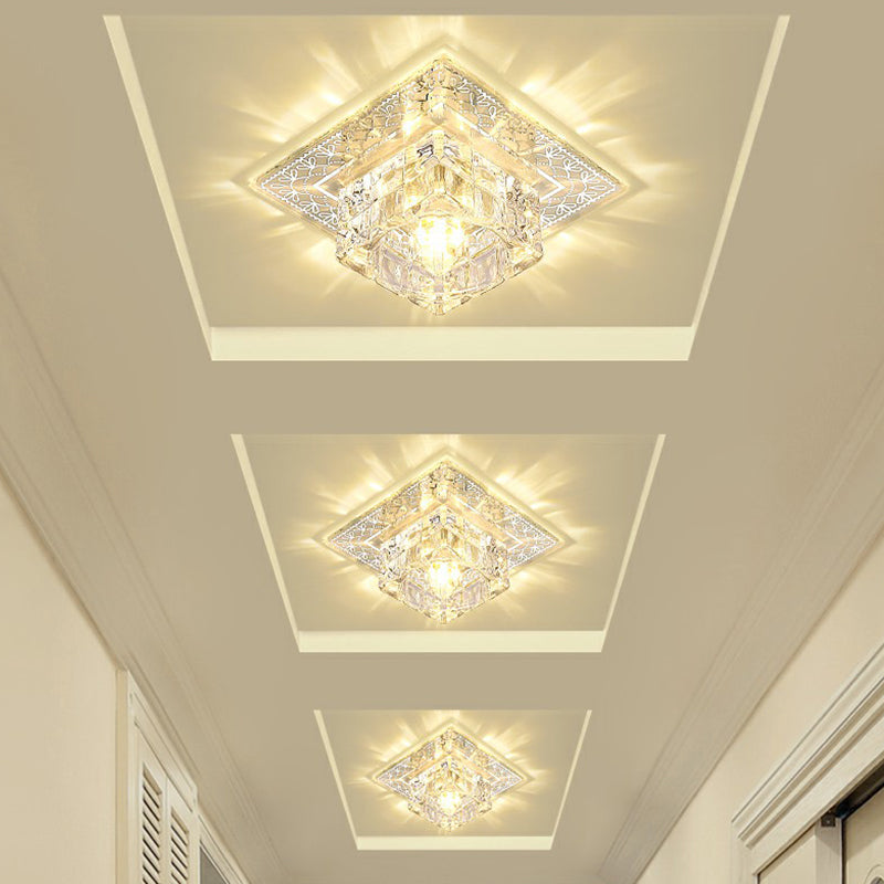 Crystal LED Hallway Flush Mount Light - Minimalist Square Design in Clear