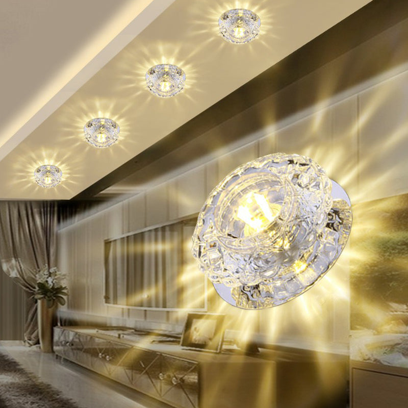 Minimalist Crystal LED Flush Mount Fixture with Clear Floral Shade- Perfect for Foyer Lighting