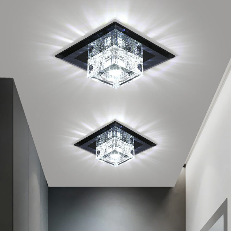 Square LED Crystal Ceiling Light - Modern Flushmount for Hallways
