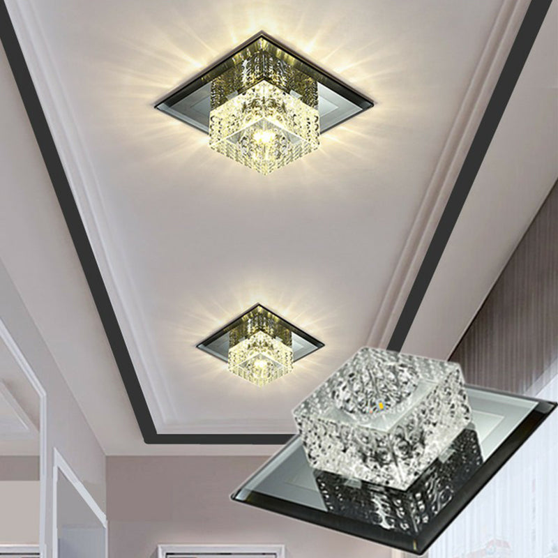 Black Crystal Square LED Flush Mount Ceiling Light for Foyer