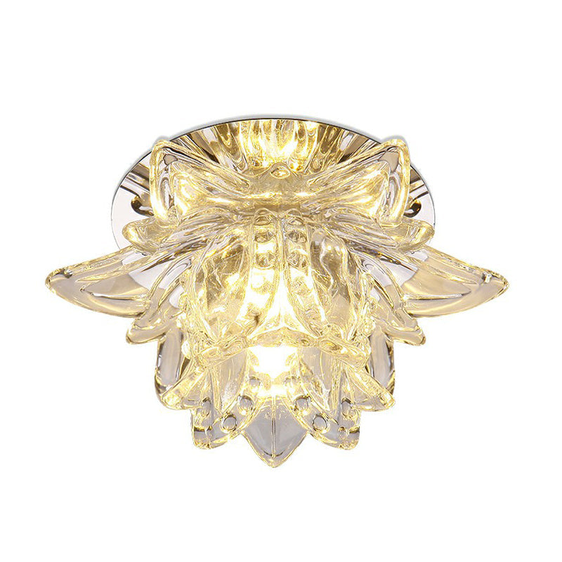 Modern Lotus-Shaped Entryway LED Crystal Flush Mount Ceiling Light in Clear