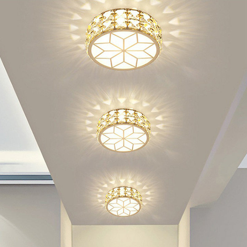 Minimalist Crystal LED Drum Flush Mount Light Fixture for Entryway