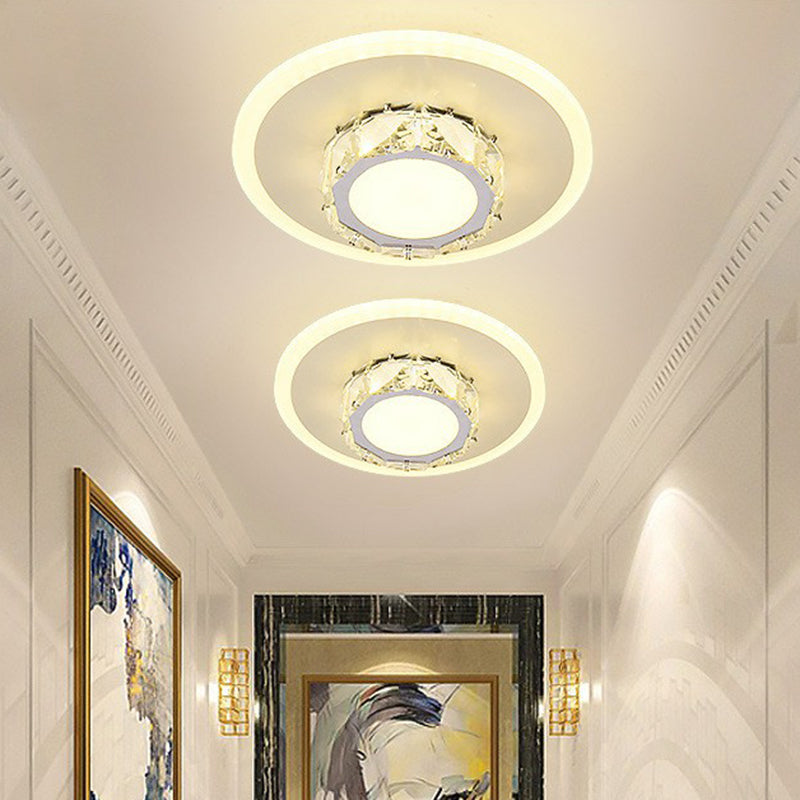 Modern Geometric Flush Ceiling Light with Crystal Detail - LED Hallway Lighting Fixture