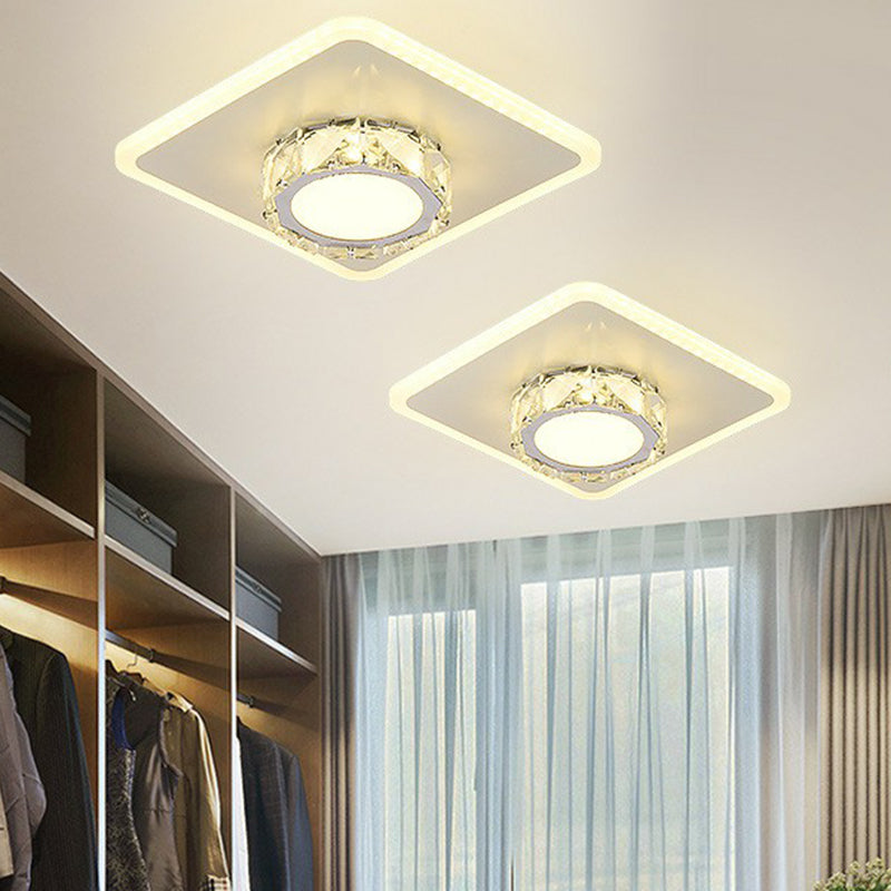 Modern Geometric Flush Ceiling Light with Crystal Detail - LED Hallway Lighting Fixture