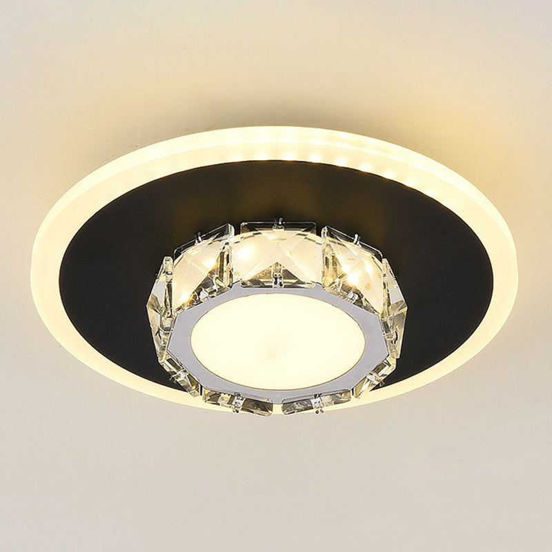 Modern Geometric Flush Ceiling Light with Crystal Detail - LED Hallway Lighting Fixture
