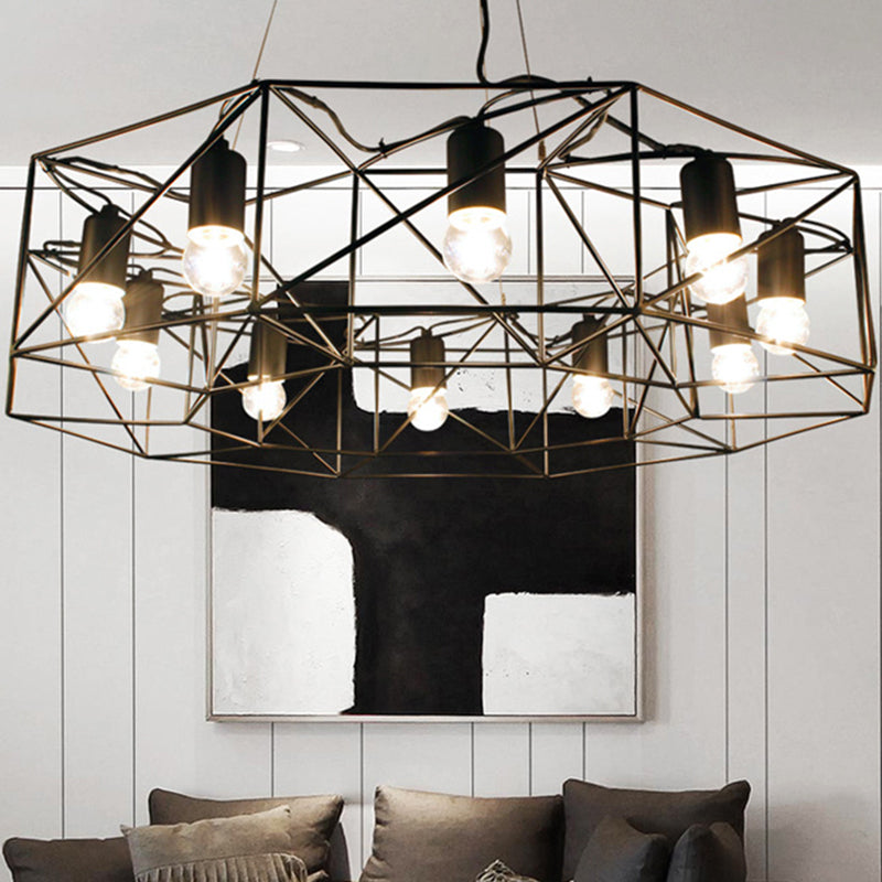 Lustre suspendu géométrique noir moderne - Verre transparent, éclairage de ferme à 10 lumières pour le salon