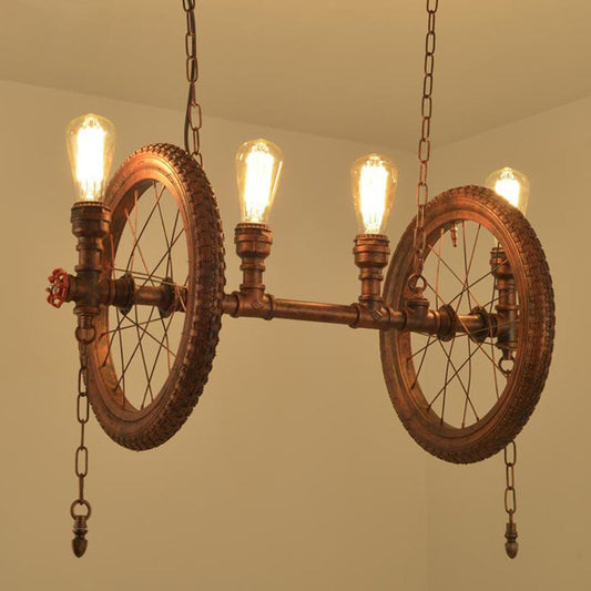 Industrial Weathered Copper Wheel 4-Bulb Hanging Light Kit For Dining Room Island