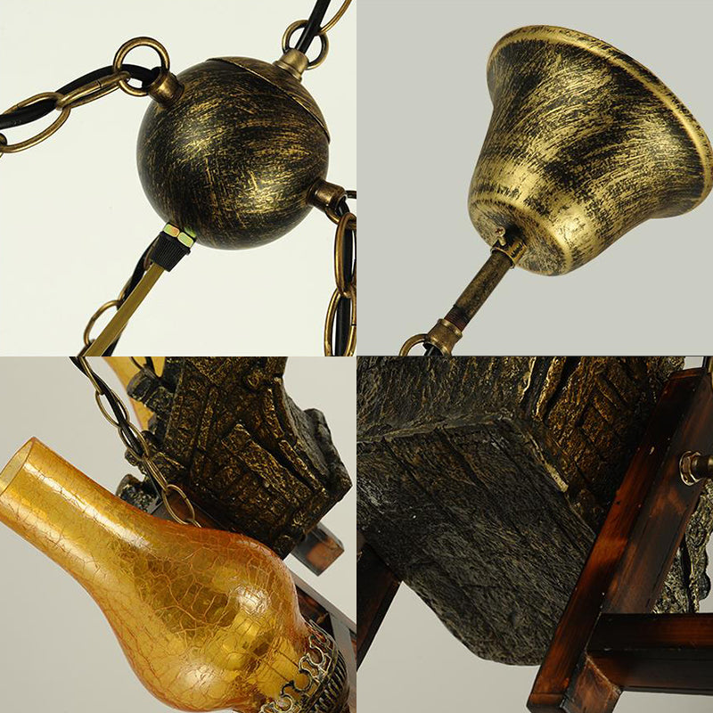Lampe à suspension en bronze avec verre craquelé jaune et lustre industriel à 4 lumières
