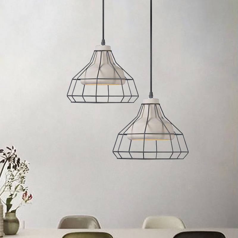 Suspension en cône de ciment - Lampe suspendue noire moderniste avec abat-jour en cage métallique, 10,5"/14" de large