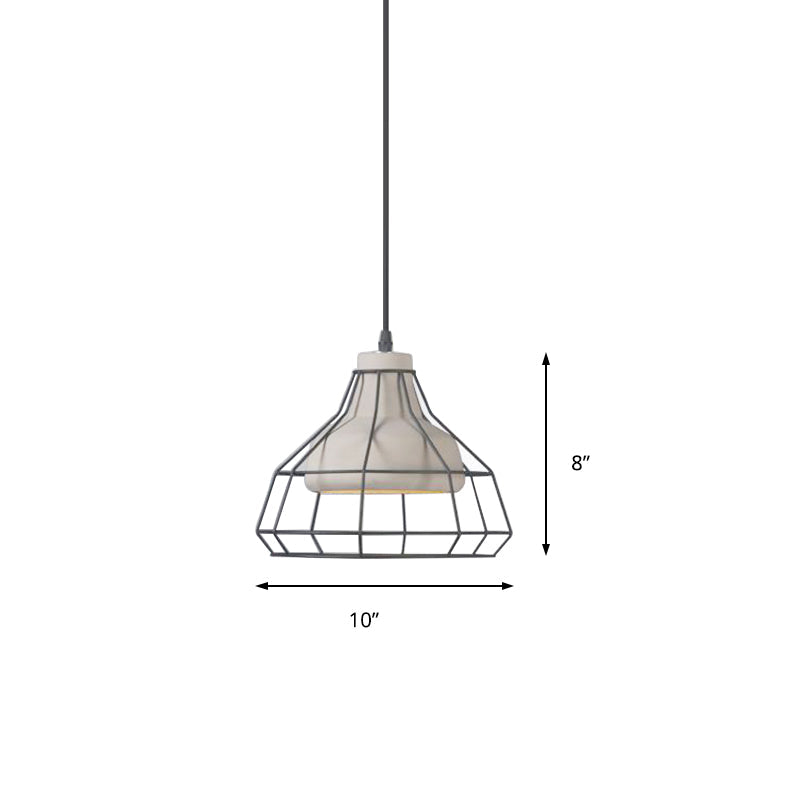 Suspension en cône de ciment - Lampe suspendue noire moderniste avec abat-jour en cage métallique, 10,5"/14" de large