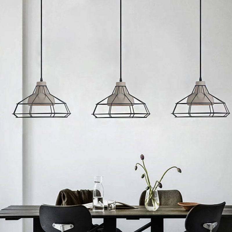 Suspension en cône de ciment - Lampe suspendue noire moderniste avec abat-jour en cage métallique, 10,5"/14" de large