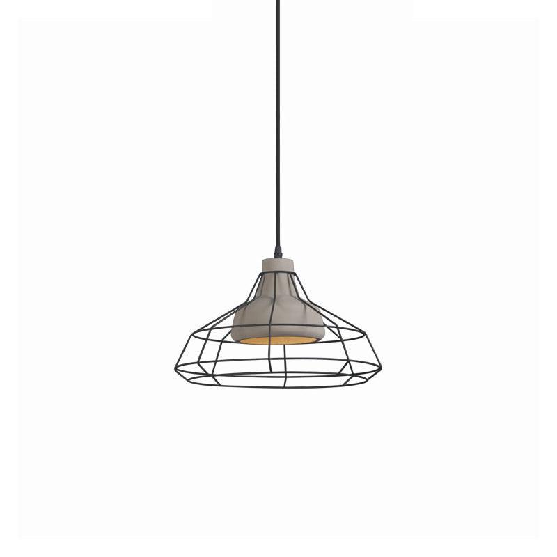 Suspension en cône de ciment - Lampe suspendue noire moderniste avec abat-jour en cage métallique, 10,5"/14" de large