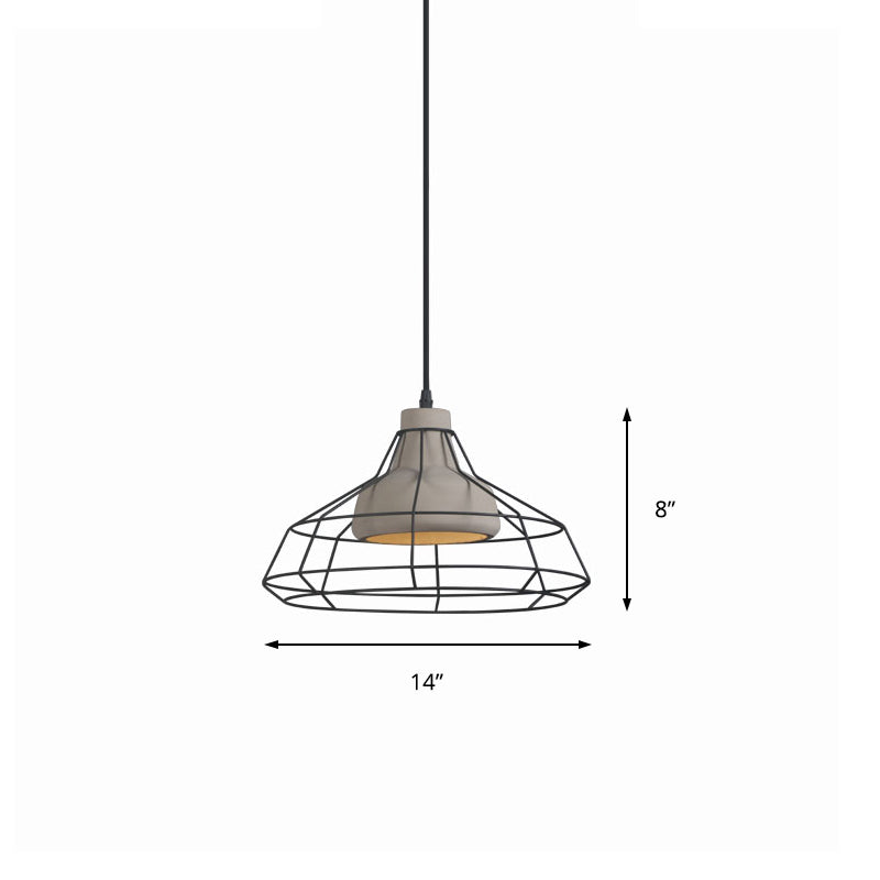 Suspension en cône de ciment - Lampe suspendue noire moderniste avec abat-jour en cage métallique, 10,5"/14" de large