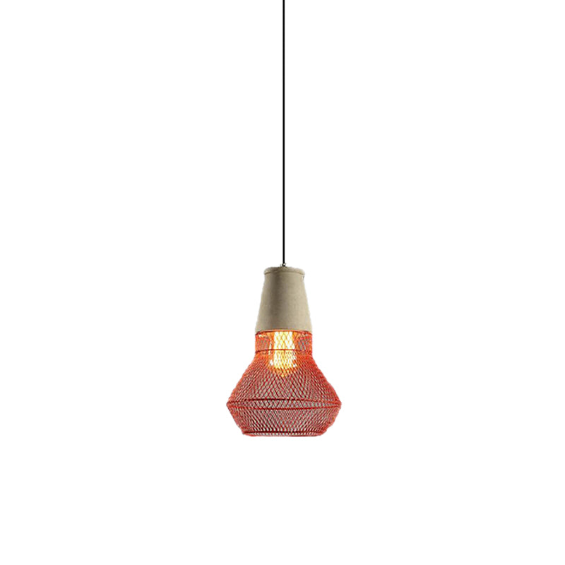 Contemporary Stone Cone Pendant Lamp - 1 Light Hanging Ceiling For Restaurants Black/Red Wire-Cage