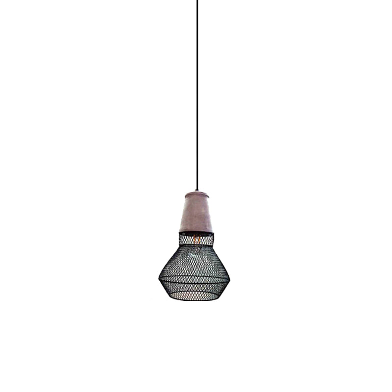 Contemporary Stone Cone Pendant Lamp - 1 Light Hanging Ceiling For Restaurants Black/Red Wire-Cage